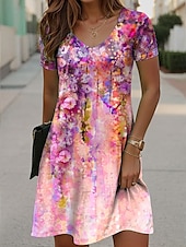 abordables Robe Fleurie-Femmes Mini Robe Robe T-Shirt Robe d&#039;Été Robe trapèze Vacances Occasionnel Fête Plage Coupe régulière Fleuri Manche Courte Col en V Jaune Violet Orange Été Printemps