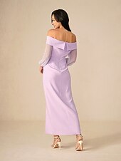 preiswerte Bodenlänge-Schlauchkleid Brautmutterkleid Elegant Hoher Schlitz Schulterfrei Asymmetrisch Chiffon Langarm mit Gerafft 2025