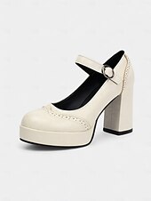 cheap 1950s-Women&#039;s Apricot Mary Jane Platform Pumps - 1950s Retro Chunky Heel Shoes with Brogue Detailing and Adjustable Strap for Office, Tea Parties, and Daily Wear