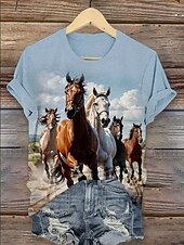abordables T-shirt Animaux-Femmes T-shirt Graphique Animal Cheval ancien Élégant Classique Manche Courte Col ras du cou Col rond Hauts Réguliers Quotidien Week-end Imprimé Noir Blanche Bleu Bleu Poudré Été Printemps
