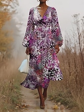 cheap Art&amp;Design Dress-Women&#039;s Midi Dress Casual Dress Chiffon Swing Dress Modern Vacation Daily Weekend Regular Fit Leopard Long Sleeve V Neck Pink Blue Purple Green Summer Spring Fall Autumn