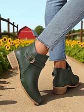 abordables Botines-Botines marrones de piel sintética para mujer: botines de tacón bajo con hebilla y cremallera lateral para salidas de otoño, paseos por el campo y uso diario.