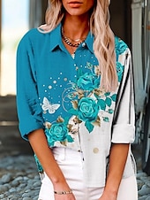 cheap Floral Tops-Women&#039;s Shirt Butterfly Color Gradient Active Daily Stylish Long Sleeve Shirt Collar Regular Tops Daily Holiday Buttons Print Blue Summer Spring Fall