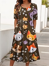 abordables Los animales se visten-Mujer Vestido Midi Vestido de verano Vestido plisado Vacaciones Casual Festivos Ajuste regular Graphic Animal Gato Media Manga Cuello Barco Negro Blanco Marrón Verano Primavera