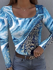 billiga Konst &amp; Design t-shirt-Dam T-shirt Långärmad Ribbad Grafisk Fyrkantig Hals Långärmad Avslappnad Ombre Abstrakt Regula Tops Dagstryck Röd Blå Grön Regnbåge Ljusblå Vår Höst Förvår