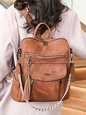 abordables Sacs à Dos de Mode-Sac à dos convertible en similicuir pour femme – Sac à bandoulière vintage multi-poches avec pompon pour les déplacements quotidiens, les voyages et le travail
