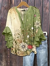 abordables Hauts Floraux-Femmes Chemisier Fleuri Graphique Élégant Bohème Ethnique Manche 3/4 Col en V Hauts Réguliers Quotidien Fête Vêtements de vacances A Volants Imprimé Blanche Bleu Violet Marron Vert Été Printemps