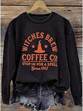 abordables Hauts d&amp;#39;Halloween-Femmes Sweatshirt Pull Graphique Crâne Sorcière Mode Occasionnel manche longue Col ras du cou Col rond Hauts Réguliers Rue Tenue Quotidienne Occasionnel Imprimé Vert herbe Noir Blanche Bleu Orange
