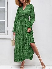 preiswerte Elegante Blumenkleider-Damen Langes Kleid Maxikleid Freizeitkleid Druckkleid Mode Modern Täglich Strand Wochenende Normale Passform Blume Langarm V Ausschnitt Schwarz Rote Blau Grün Sommer Frühling Herbst