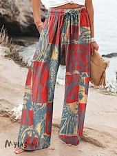 abordables jambe large et taille haute-Femmes Culottes Jambe Large Vacances ancien Style Ethnique Longueur complète Taille haute Fleuri Graphique Séchage Rapide Respirabilité Doux Non Elastique Extérieur Vacances Sport Jaune Couleur Rubis