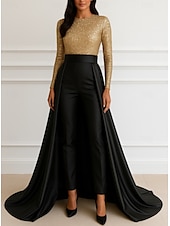 economico Abiti da ballo-Abito da sera A-Line in oro nero elegante abito formale matrimonio lunghezza al pavimento maniche lunghe scollo a girocollo madre della sposa in satin elasticizzato con paillettes glitter