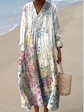 billiga Blommiga klänningar-Dam Maxiklänning Solklänning A linjeklänning Semester Ledigt Boho Utekväll Strand Blommig Grafisk Långärmad V-hals Vit Rodnande Rosa Orange Naturvit Sommar Vår Höst