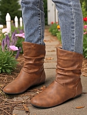 baratos Botas Slouch-Botas largas femininas de couro sintético marrom – sapatos retrô de salto baixo e cano médio para o outono, caminhadas diárias e passeios casuais