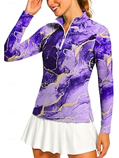 preiswerte Damenbluse-Damen Marmor Golf-Poloshirt Tennis Shirt Tennis-T-Shirt Langarm Druck Viertel Postleitzahl Pullover UV Schutz Elastisch Atmungsaktiv Volleyball Tennis Golfspiel Stehkragen Reißverschlusskragen Hemd