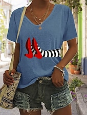 abordables T-shirt Art &amp; Design-Halloween Femmes T-shirt Graphique Halloween ancien Élégant Classique Manche Courte Col en V Hauts Réguliers Quotidien Imprimé Noir Blanche Bleu Vert Été Printemps