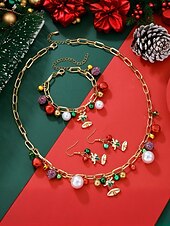 baratos Colar Feminino-Conjunto de joias com pingentes de Natal para mulheres - colar de corrente de ouro, pulseira e brincos com sino festivo e pingentes de pérola, acessórios elegantes para festas de fim de ano para