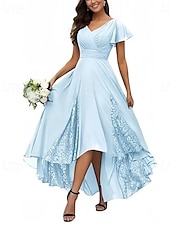 abordables Robes pour invitées de mariage-Ligne A Robes pour invités de mariage Élégant Robe robe demoiselle d honneur Fiançailles Asymétrique Manche Courte Col en V Chiffon avec Croisé Froncé 2025