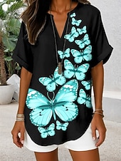 abordables Animaux Tops-Blouse Femme Col V Graphique Papillon Quotidien Chic Décontracté Manches Courtes Hauts Quotidien Vacances Noir Rouge Bleu Violet Été Printemps