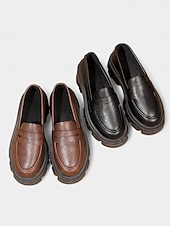 abordables Chaussures sans lacet et mocassins femme-Mocassins noirs épais pour femmes avec semelle plateforme - chaussures décontractées à enfiler tendance pour un usage quotidien, au bureau et en week-end