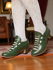 abordables années 1930-Femmes Chaussures à Talons Rétro Soirée Travail Quotidien Bouton Talon Cône Bout Rond Élégant ancien Marche PU Mocassin Noir Rouge Rouge Bordeaux