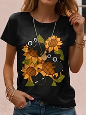 abordables T-shirt Animaux-Femmes T-shirt Chemise en coton Graphique Chat ancien Élégant Classique Manche Courte Col ras du cou Col rond Hauts Réguliers Quotidien Imprimé Noir Blanche Bleu Gris Été Printemps