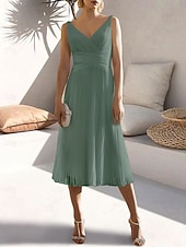 cheap Cocktail Dresses-A-Line Cocktail Dresses Elegant Dress Formal Wedding Guest Tea Length Sleeveless V Neck Chiffon with Ruched Pure Color Dresses