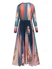 tanie Sukienki boho-damska długa sukienka maxi sukienka casualowa sukienka rozkloszowana sukienka w kwiaty sukienka letnia sukienka boho vintage wakacje codzienne wakacje regularny krój kwiatowy długi rękaw dekolt w serek niebieski lato