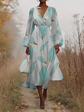 preiswerte Blumenkleid-Damen Midikleid Freizeitkleid Chiffon Schwingkleid Modern Urlaub Täglich Wochenende Normale Passform Feder Langarm V Ausschnitt Weiß Blau Leicht Blau Sommer Frühling Herbst