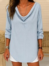 preiswerte Streifen- und geometrisches T-Shirt-Damen T Shirt Gestreift Mode Modern Lässig Langarm Wasserfallausschnitt Normale Oberteile Täglich Wochenende Druck Schwarz Gelb Grau Leicht Blau Sommer Frühling Herbst