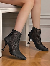 preiswerte Stiefeletten-Beige Damenstiefeletten mit Absatz aus Spitze und Kunstleder – elegante Brautstiefel mit spitzer Spitze und floraler Spitze für Hochzeiten, formelle Veranstaltungen und besondere Anlässe
