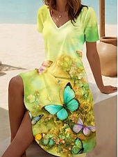 preiswerte Tiere kleiden-Damen Minikleid T-Shirt-Kleid A Linie Kleid Sommerkleid Urlaub Lässig Täglich Ferien Date Normale Passform Blumen Grafik Tiermotiv Kurzarm V Ausschnitt Gelb Rote Blau Violett Sommer Frühling