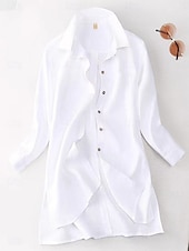 abordables Chemises-Femmes Chemises en coton et lin Couleur Unie Élégant Basique Occasionnel manche longue Col de chemise Hauts Longs Quotidien Boutons Blanche Vert Véronèse Kaki Été Automne