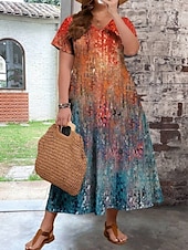 preiswerte Kleider-Damen Übergröße Freizeitkleid Ombre V Ausschnitt Kurzarm Sommer Frühling Mode Modern Lässig Maxikleid Ferien Wochenende Kleid