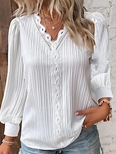 preiswerte Damen Einfache Oberteile-Damen Spitzenbluse Einfarbig Elegant Stilvoll Basic Langarm V Ausschnitt Normale Oberteile Täglich Spitze Patchwork Weiß Rote Purpur Orange Grün Sommer Frühling Herbst