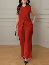 billiga breda ben och hög midja-Dam Elegant Mode Byxuppsättningar Bolero Top Ärmlös Rund hals Ensfärgat Semester Ledigt / vardag Svart Vit Rubinrött Sommar Normal