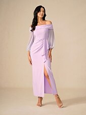 preiswerte Bodenlänge-Schlauchkleid Brautmutterkleid Elegant Hoher Schlitz Schulterfrei Asymmetrisch Chiffon Langarm mit Gerafft 2025