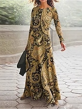 preiswerte Boho Kleid-Damen Maxikleid T-Shirt-Kleid A Linie Kleid Sommerkleid Urlaub Lässig Strand Täglich Normale Passform Grafik Paisley-Muster Abstrakt Langarm Rundhalsausschnitt Gelb Blau Kamel Frühling Herbst Winter