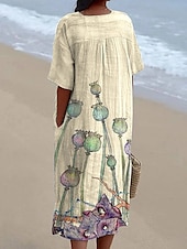 abordables Robes fleuries-Femmes Robe Midi Robe d&#039;Été Robe trapèze Vacances Occasionnel Chaussures de plage Soirée Sortir Plage Coupe Ample Fleuri Graphique Manche Courte Col en V Noir Vert Beige Été Printemps