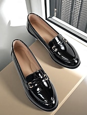 preiswerte Damenhausschuhe und -halbschuhe-Damen nude Lackleder Penny Loafers mit Schnallen-Details - Elegante Slipper Flats für Damen klassisch Prep-Stil Büroschuhe für tägliche Arbeit Schule und Freizeitaktivitäten