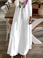economico Abito Floreale-Per donna Abito lungo maxi Abito Bianco Vestito Casual Abito a trapezio Elegante Casual Ferie Vestibilità comoda Grafico Farfalla Manica Lunga Scollo a V Bianco Primavera Autunno Inverno