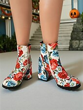 preiswerte Für Frauen-Damen-Stiefeletten mit Totenkopf- und Rosen-Print für Halloween – Stiefeletten mit klobigem Blockabsatz und seitlichem Reißverschluss im Gothic-Stil für Cosplay, Partys und Herbstfestivals