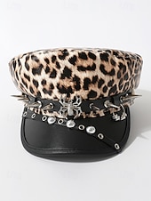 baratos Acessórios fashions-Boné militar feminino com estampa de leopardo para Halloween – chapéu gótico punk de couro sintético com pontas e tachas de aranha, acessório para festa à fantasia e cosplay para uma noite assustadora