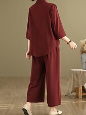 billige Settene-Dame Elegant Mote Gatemote Linsett i bomull 3/4 ermer Skjortekrage Helfarge utendørs Arbeid Avslappet Oransje Brun Kakifarget Sommer Normal