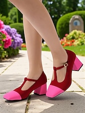 זול מארי ג'יין פאמפס-נעלי עקב מרי ג'יין בצבע אדום וורוד לנשים עם רצועת T - נעלי הליכה נוחות בסגנון צרפתי לתה של אחר הצהריים, מסיבות, משרד ותלבושות יומיומיות
