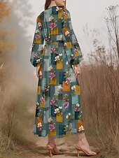 preiswerte Blumenkleid-Damen Midikleid Freizeitkleid Chiffon Schwingkleid Modern Urlaub Täglich Wochenende Normale Passform Blumen Karomuster Langarm V Ausschnitt Dunkelgrün Purpur Grün Sommer Frühling Herbst