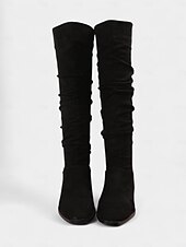 olcso Slouch Boots-női bő, térdig érő, lapos csizma - bézs művelúr retró stílusú, őszi divatos csizma hétköznapi viseletre és kosztümökbe