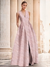 abordables FLORALES-Robe de soirée A-Line en jacquard floral verte élégante Robe de mariage formelle longueur au sol sans manches en V en nylon avec poche fente Robe invitée de mariage