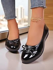 baratos Sapatilhas e Mocassins de mulher-sapatilhas femininas de couro envernizado vermelho com laço - sapatos sociais clássicos de bico redondo e sem cadarço para adolescentes e mulheres, ideais para a escola, trabalho e roupas casuais do