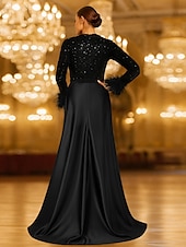 levne Šaty na večer ve tvaru A-Šaty ve tvaru A večerní gown flitrové Elegantní šaty formální svatební maxi délka dlouhý rukáv kulatý výstřih kapsa satén s péřovými kapsami