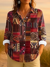 ieftine Topuri boho pentru femei-Pentru femei Cămașă Grafic Geometric Dungi Epocă Tropical Zilnic Manșon Lung Guler Cămașă Topuri obișnuite Muncă Zilnic Peteci Nasturi Imprimeu Roșu-aprins Albastru piscină Mov Portocaliu Var
